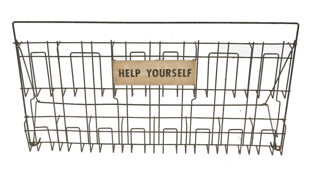 completely intact c. 1950's vintage freestanding two tier bent metal wire "help yourself" chicago motel travel brochure rack