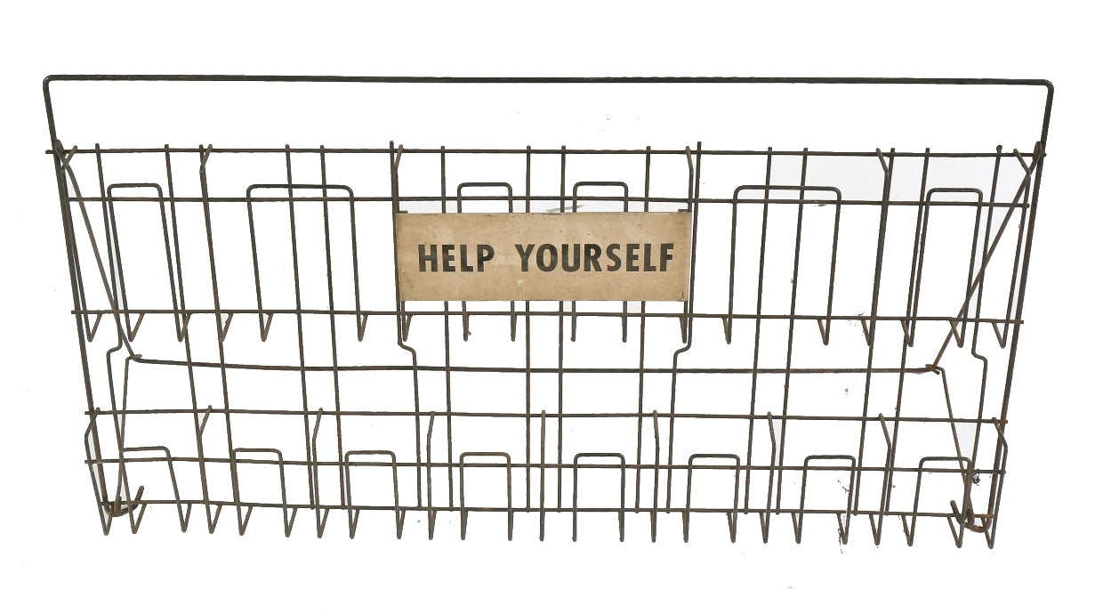 completely intact c. 1950's vintage freestanding two tier bent metal wire "help yourself" chicago motel travel brochure rack