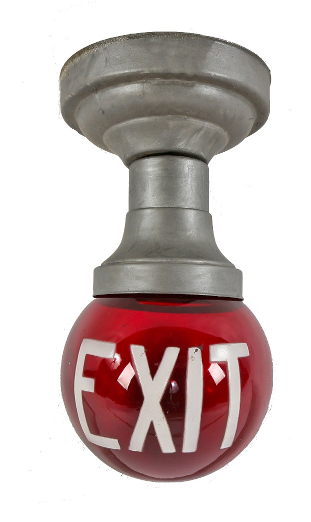 single-sided c. 1930's antique american ball-shaped ruby red glass exit light fixture with interchangeable pressed steel fitter