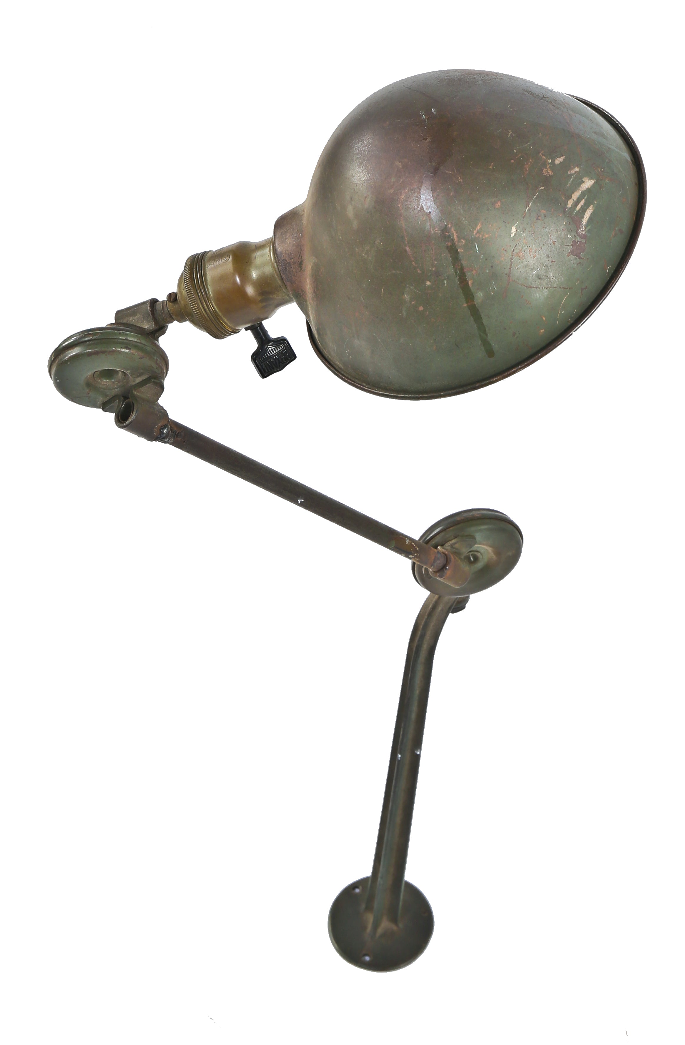 all original and completely intact late 1930's american industrial cast iron and tubular steel "adjusco" fully articulating disc-joint wall or workbench lamp