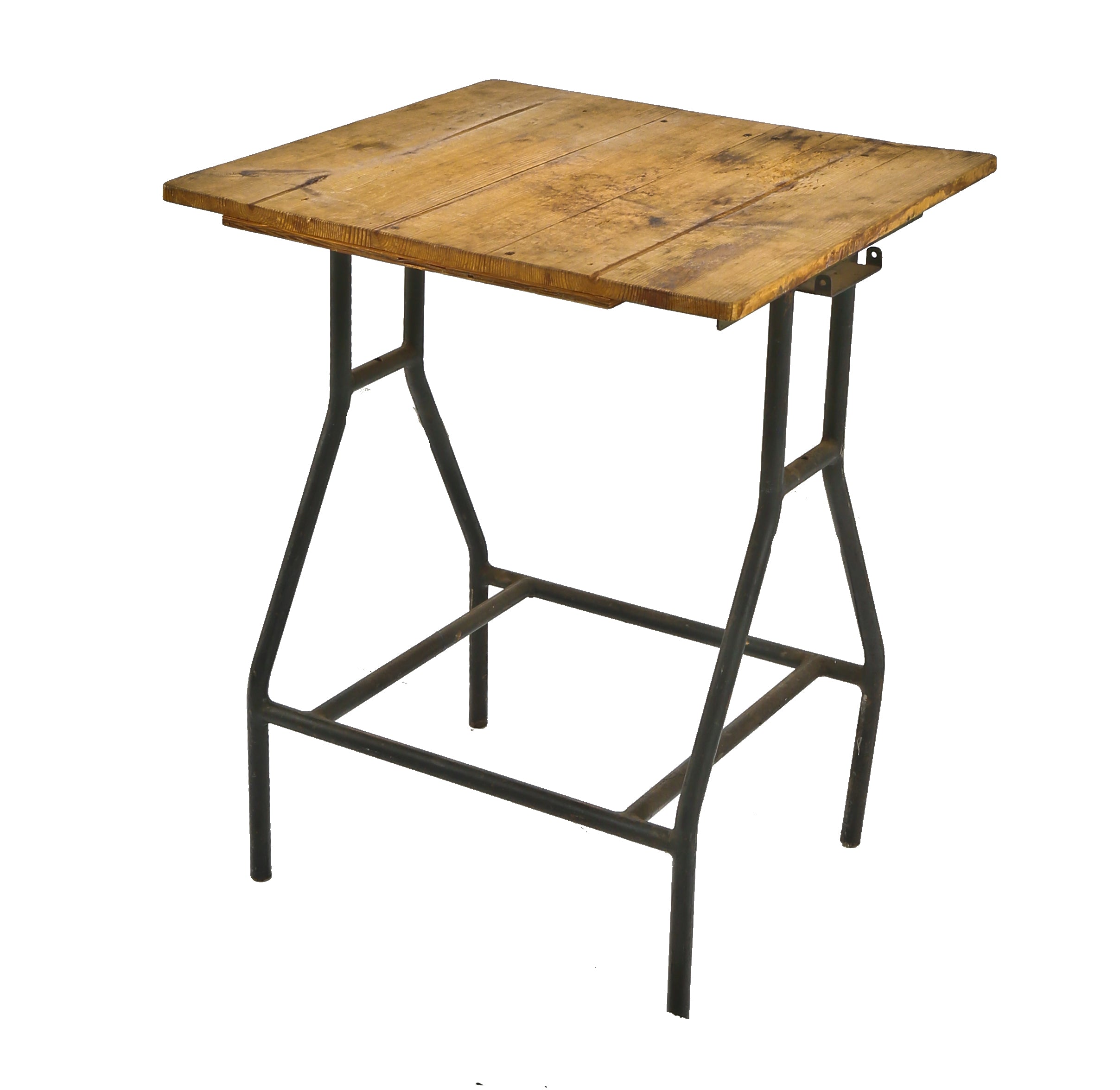 durable c. 1950's vintage american vintage industrial welded joint steel mill machine shop stationary work table with nicely worn finish