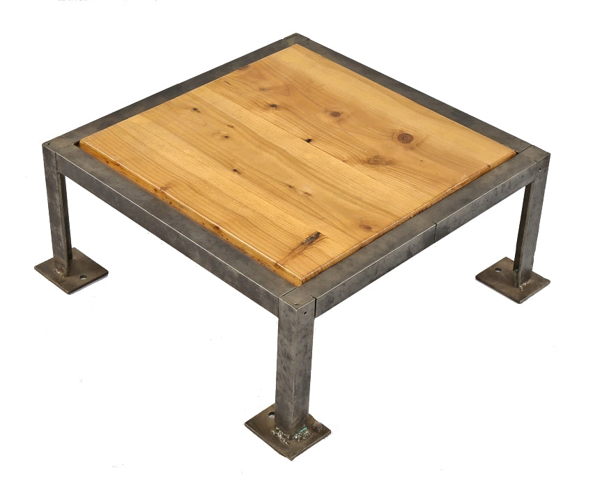 repurposed vintage american industrial heavy duty reinforced all-welded angled iron low-lying four-legged coffee table with newly added wood inset