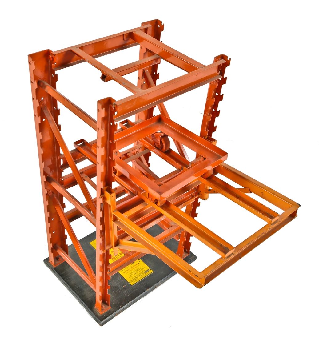 unique and unusual all original and intact c. 1940's or 1950's "boltless shelf" pallet rack system with intact bright orange enameled finish