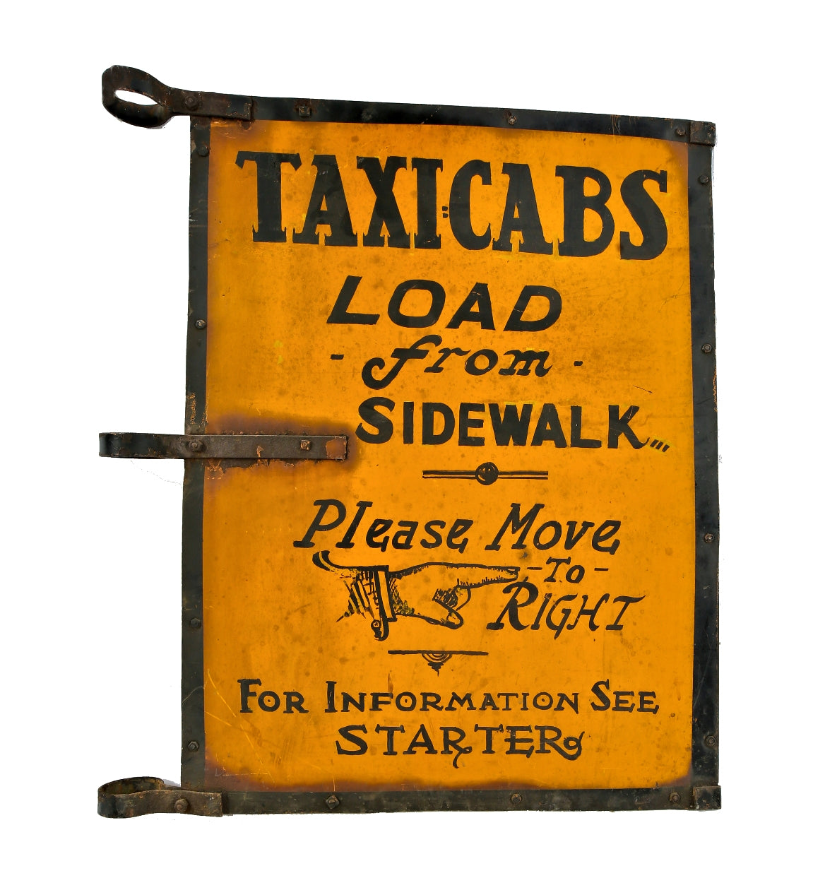 rre c. 1915-20 antique american hand-painted wrought iron and steel new york city taxi cab street light or lamp post flange sign with pointing finger graphic