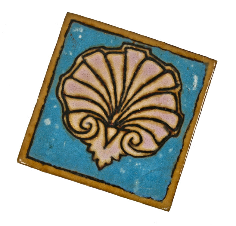 one of two original c. 1920's historically important single c. 1920's antique american chicago lakeshore drive athletic club pool wall tile featuring a polychromatic clam shell