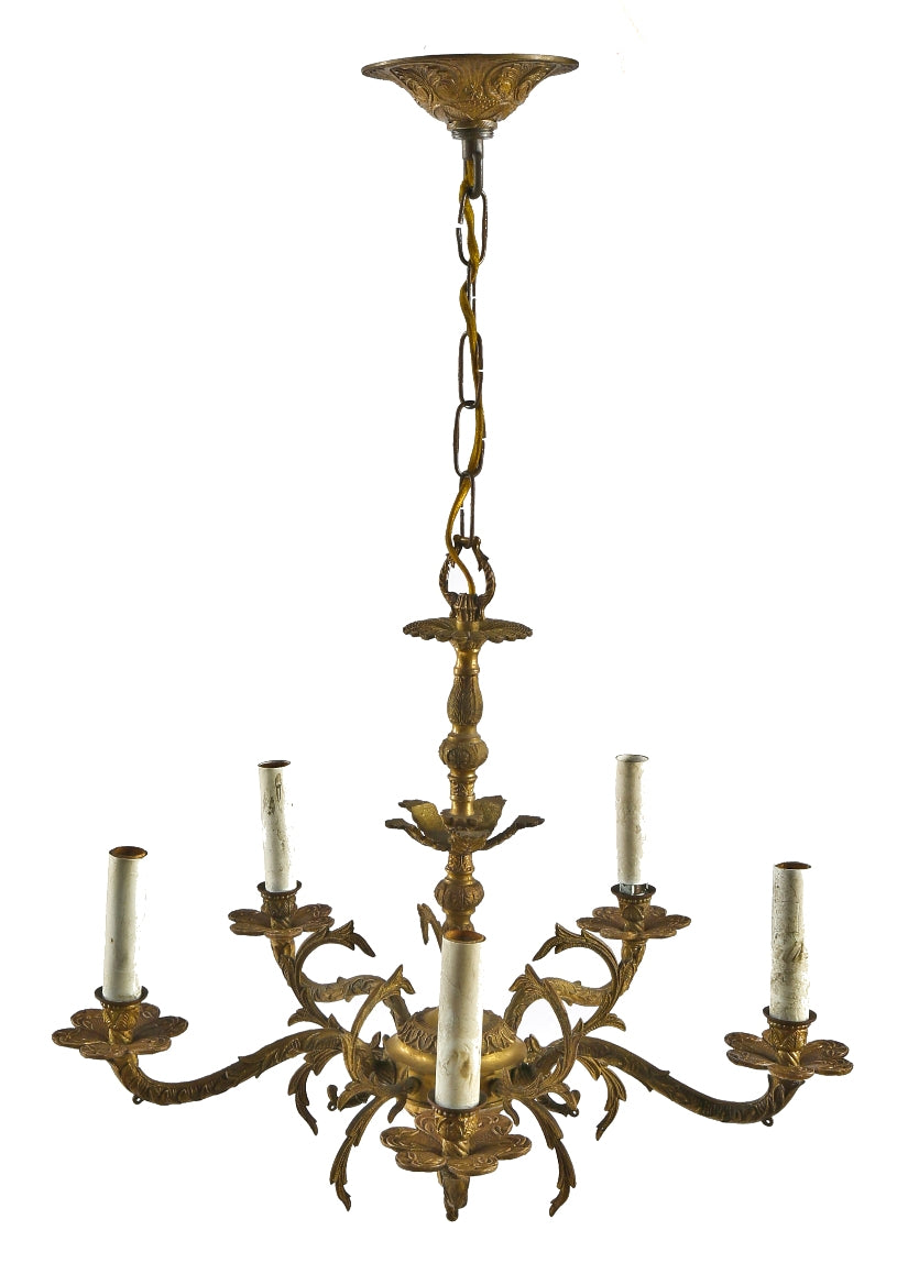 original and intact 5-arm cast brass interior residential spanish revival style ceiling mount chandelier or candelabra with five "electric candles"