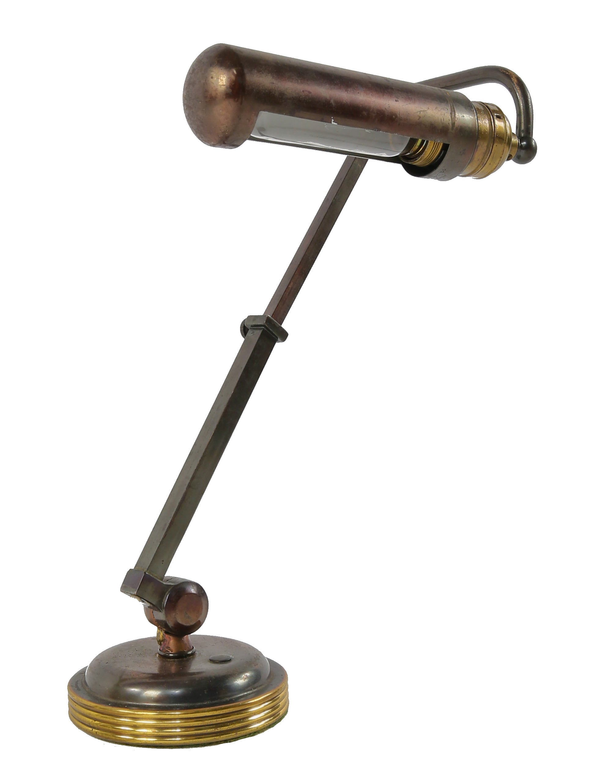 exceptional late 1930's american machine age telescoping normandy bronze-plated brass office desk or table lamp with tubular-shaped light bulb reflector