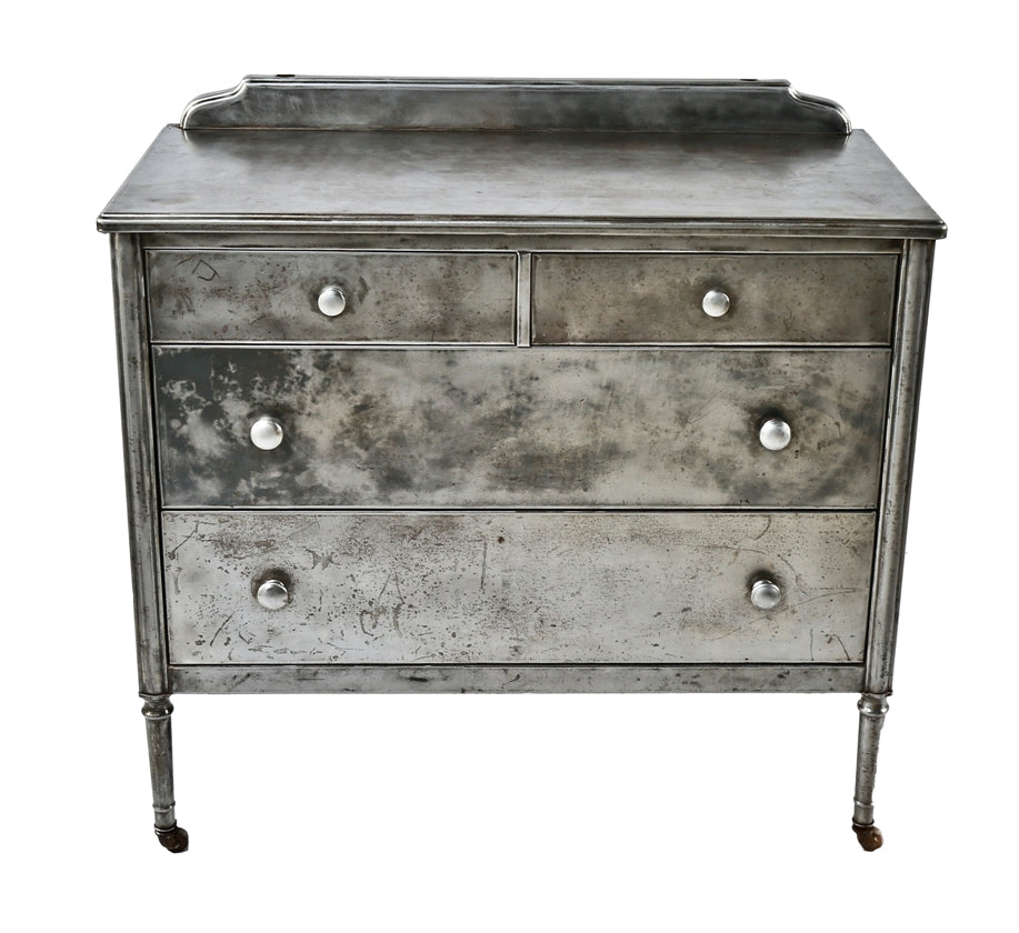 completely refinished pressed and folded steel simmons hotel compartmentalized lowboy dresser with original stamped steel drawer pulls or knobs