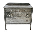 completely refinished pressed and folded steel simmons hotel compartmentalized lowboy dresser with original stamped steel drawer pulls or knobs