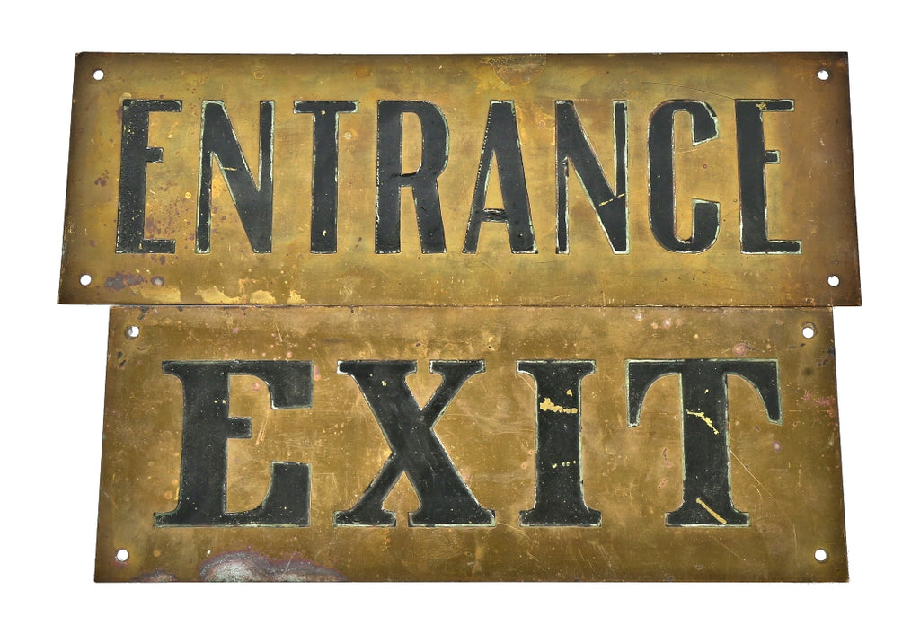 set of oversized single-sided original early 20th century interior chicago athletic association building annex yellow brass "entrance" and "exit" signs with incised black lettering