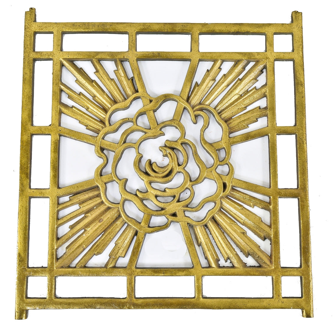 original early 1920's american art deco style ornamental cast bronze interior residential wall-mount radiator grille with striking sun-ray design motif