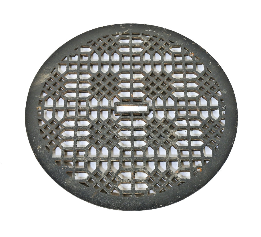 oversized exterior c. 1900's ornamental cast iron circular-shaped "lattice" pattern flush mount brick wall air vent grille with mostly uniform black enameled finish