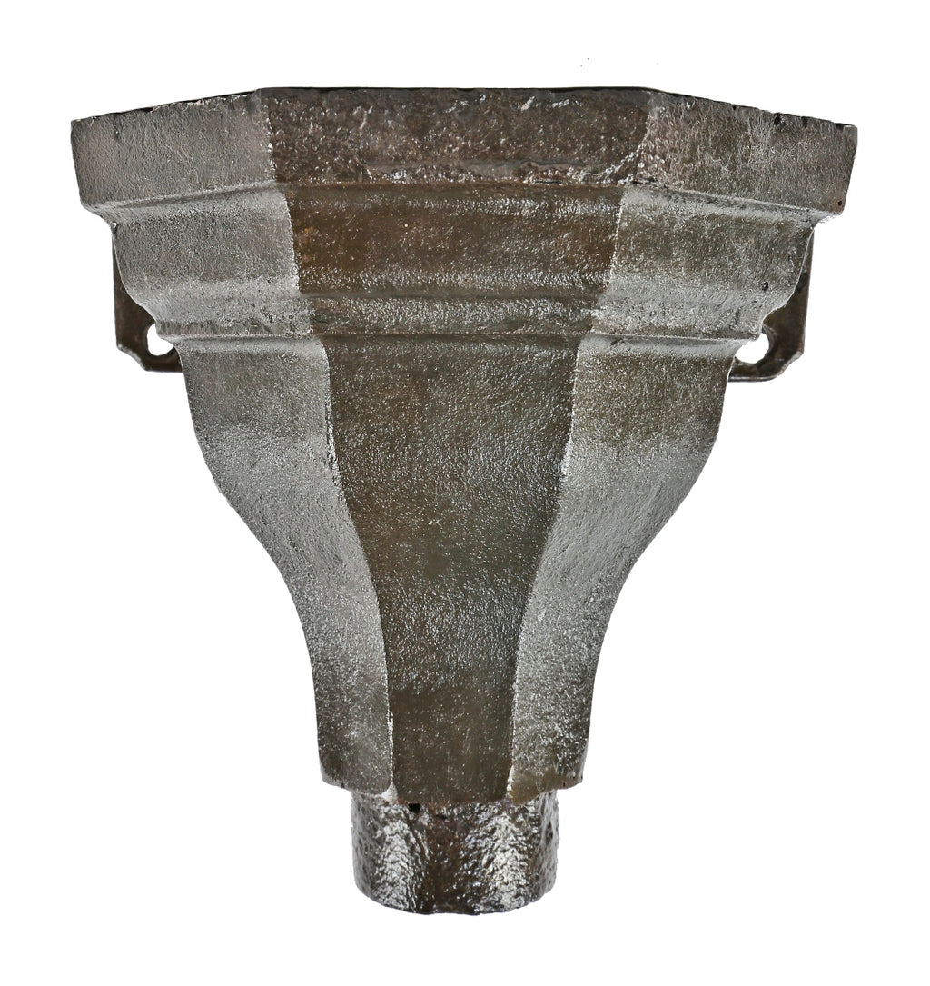all original 19th century salvaged chicago multi-faceted cast iron exterior residential rain gutter collector box with integrated mounting brackets