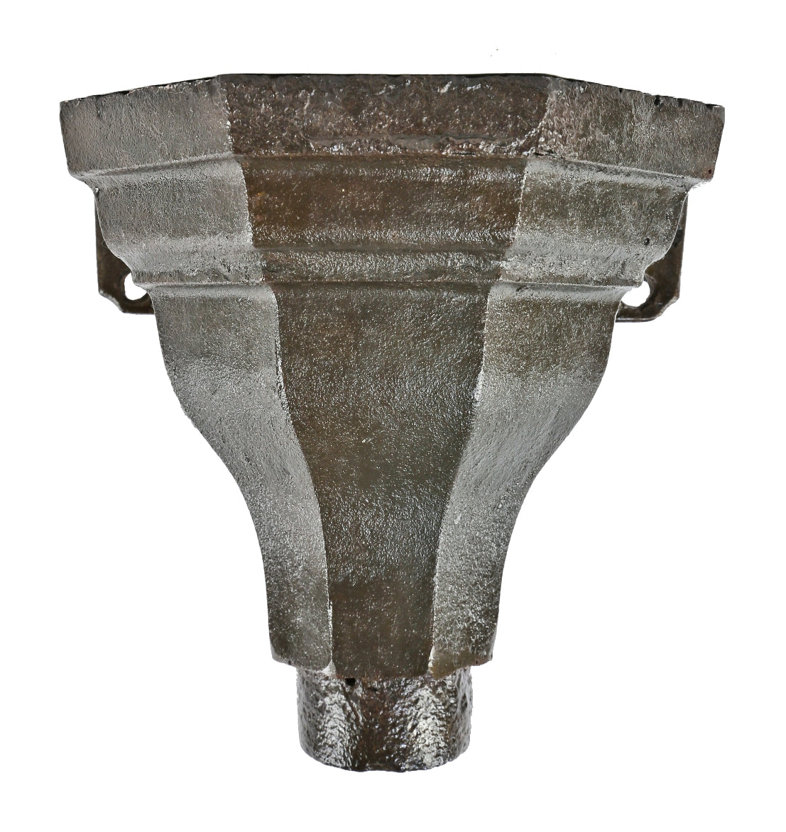 all original 19th century salvaged chicago multi-faceted cast iron exterior residential rain gutter collector box with integrated mounting brackets