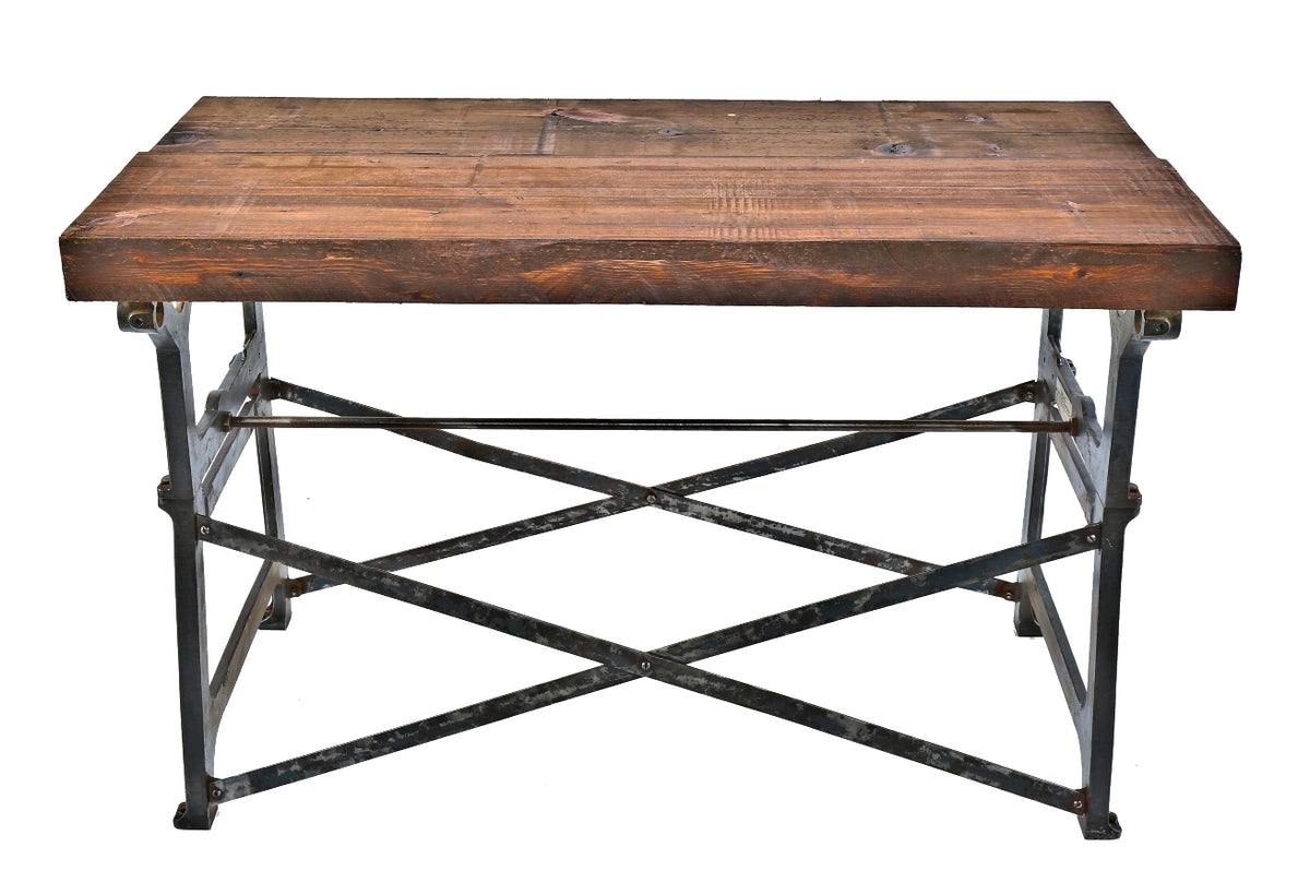 repurposed antique american industrial heavily reinforced cast iron and steel lathe base with newly added old growth thick pine wood tabletop