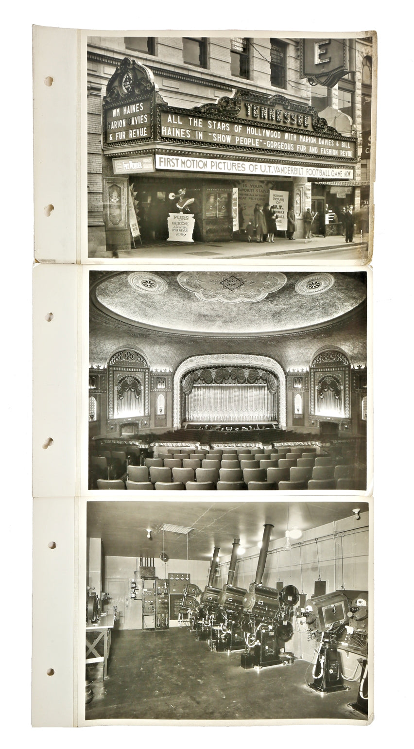 group of three original one-of-a-kind silver gelatin prints depicting the tennessee theater's exterior horizontal marquee, interior auditorium, and projection booth