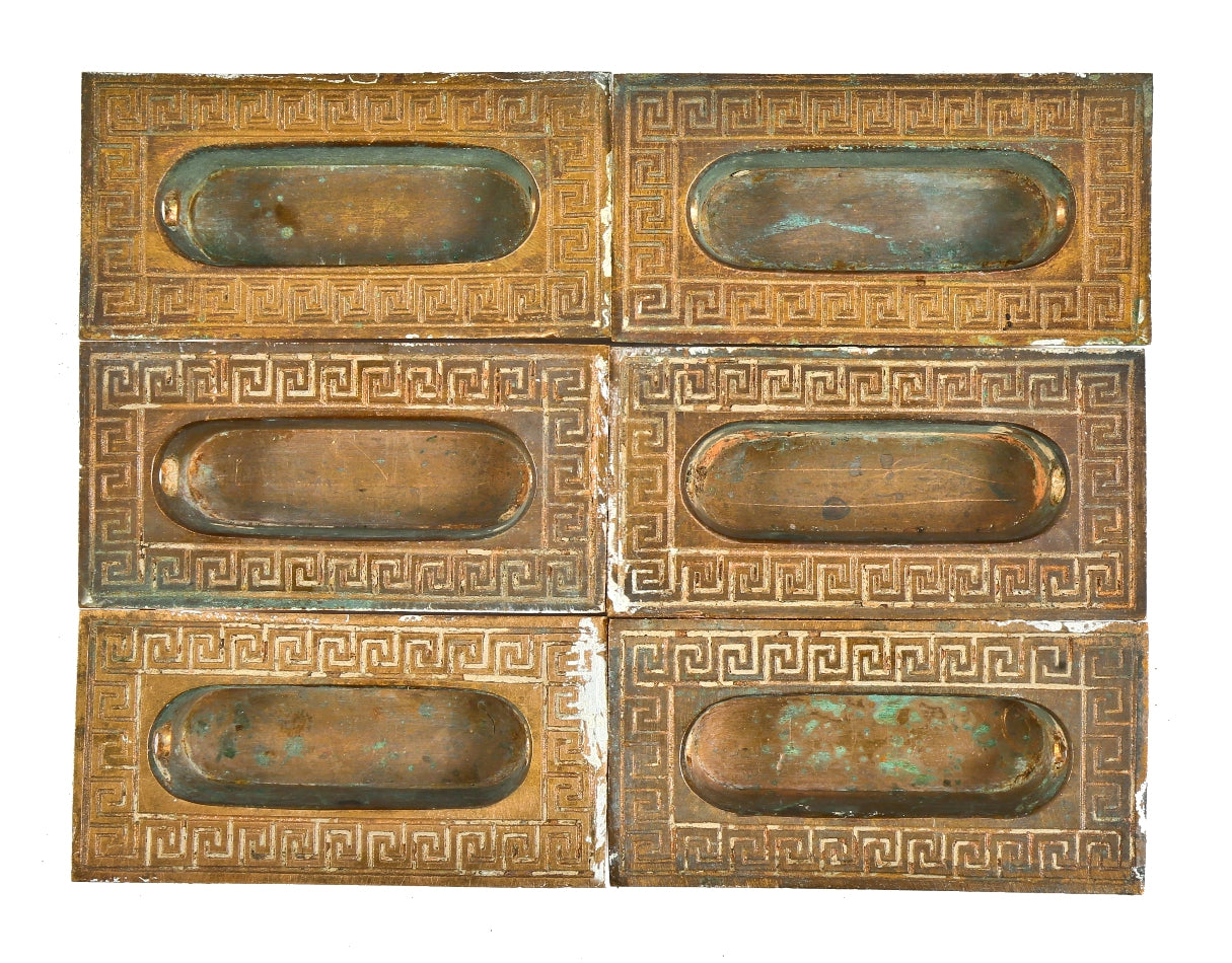 group of six matching early 1870's antique american ornamental cast bronze interior residential flush mount neogrec motif window sash lifts or pulls with nicely aged surface patina