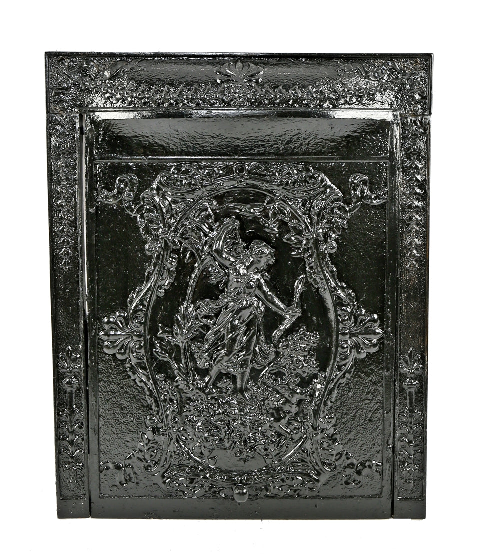 highly desirable 19th century american victorian era interior residential "huntress diana" figural summer cover and matching surround with black enameled finish