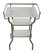 refinished 1930's american antique medical cold-rolled steel stationary hospital room supply table with intact solid white vitrolite glass shelves