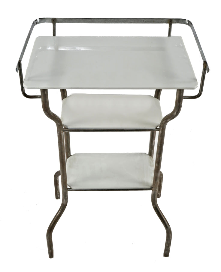 refinished 1930's american antique medical cold-rolled steel stationary hospital room supply table with intact solid white vitrolite glass shelves