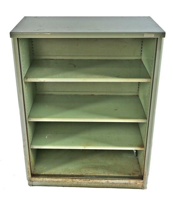 original c. 1950's vintage american industrial heavy duty pressed and folded steel stationary bookcase with metal shelves and sliding glass doors