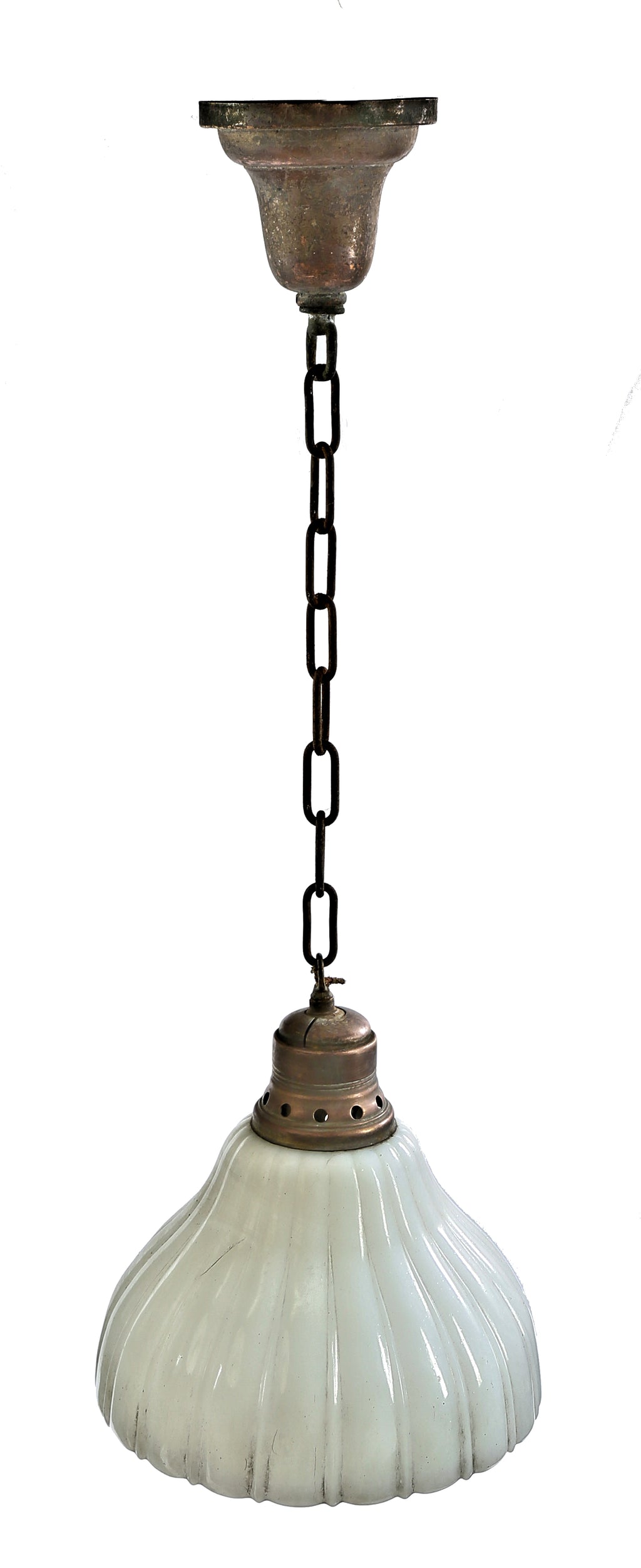 original and intact early 20th century white opalescent glass "phenixlite" single electric pendant fixture with patented plume & atwood brass shade fitter