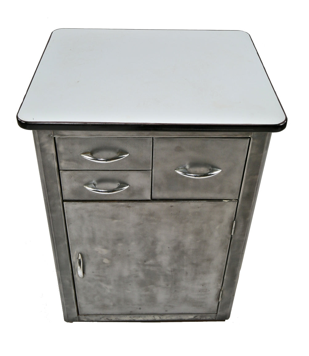 c.1940's refinished medical freestanding hospital examination room folded and pressed steel supply cabinet with intact "sani" white porcelain enameled tabletop