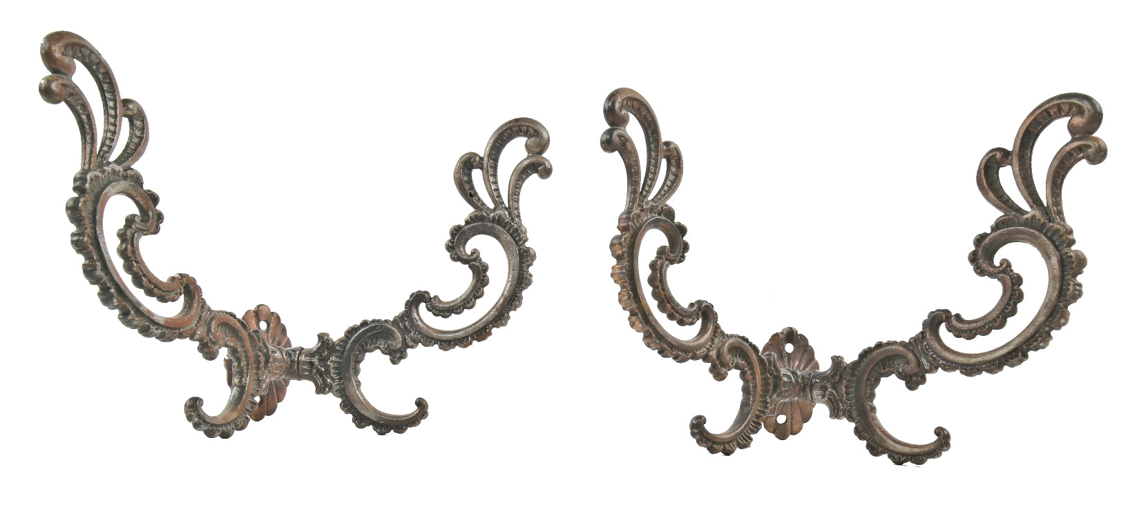 two matching late 19th century oversized american rococo style ornamental cast iron interior residential parlor hall tree hooks with elegant scrollwork
