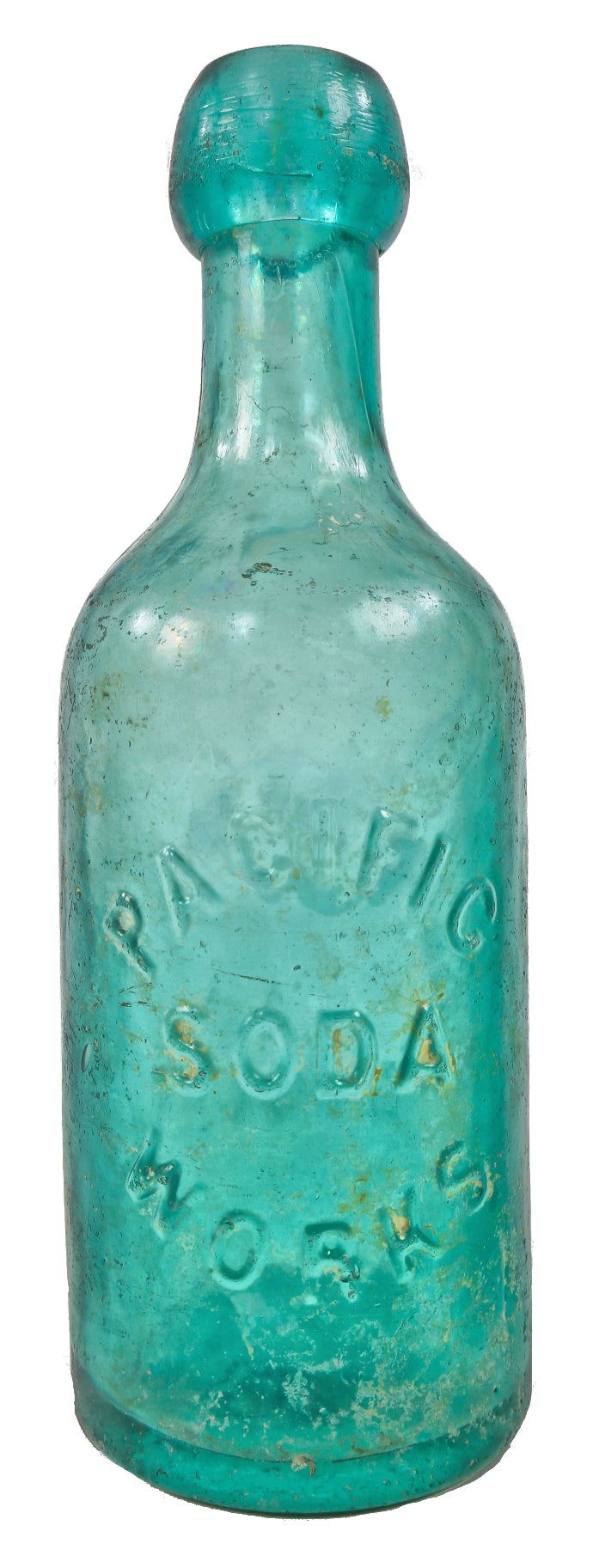 original c. 1860's privy dug green blue blobtop western made smooth base soda bottle manufactured for pacific soda works in san francisco, ca.