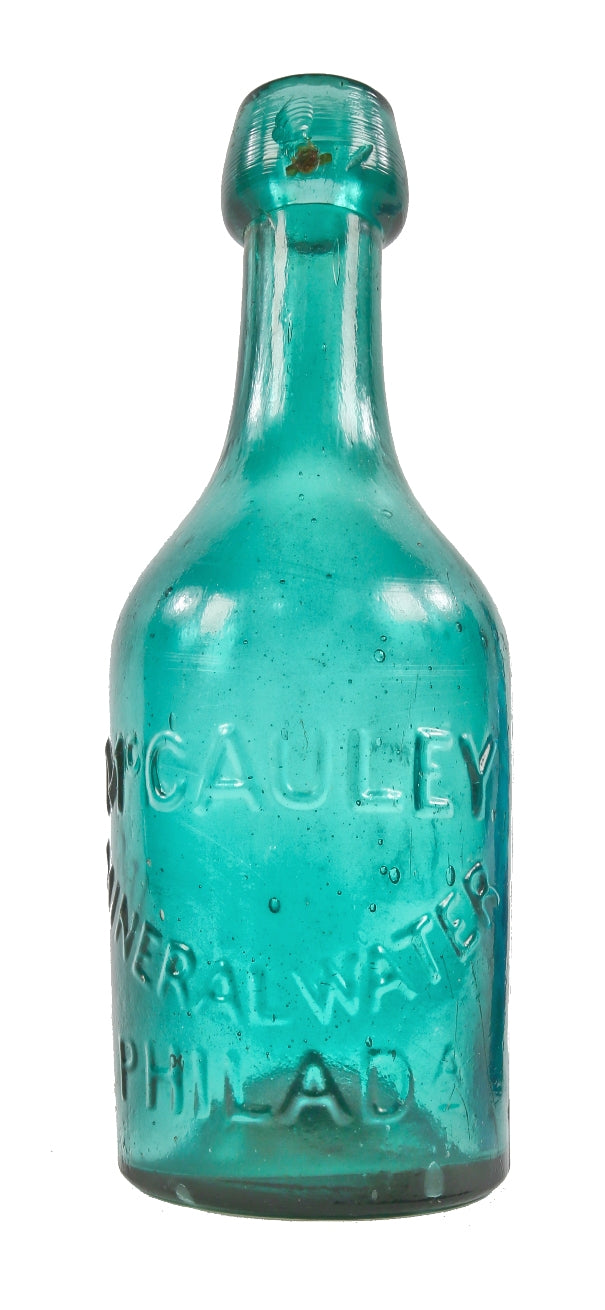 original c. 1850's antique american emerald green glass iron-pontiled privy dug mccauley mineral water bottle with applied taper top