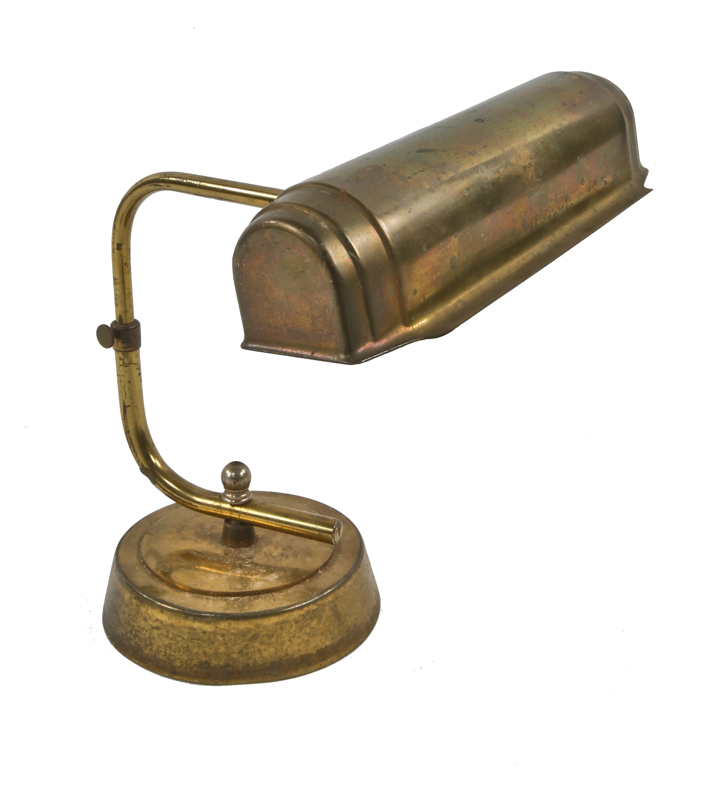 c. 1940's original american art deco style fully adjustable brass table or desk lamp with bent tubular arm and tiered cylindrical-shaped light bulb reflector