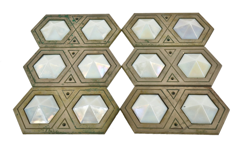 one of three matching original and historically important c. 1929 art deco style nickel-plated bronze interior palmolive building elevator lobby indicator plaques with faceted glass insets