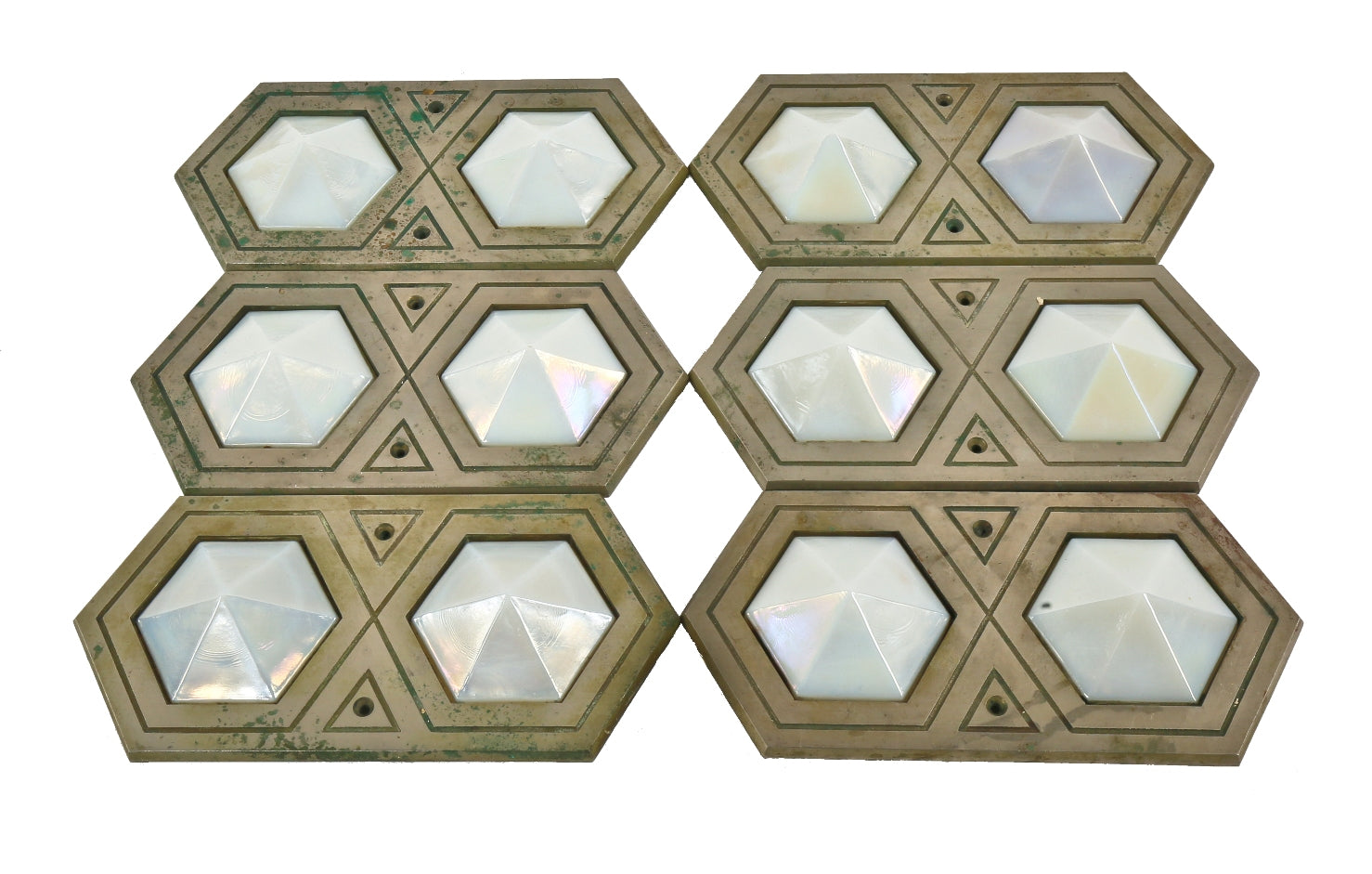 one of three matching original and historically important c. 1929 art deco style nickel-plated bronze interior palmolive building elevator lobby indicator plaques with faceted glass insets