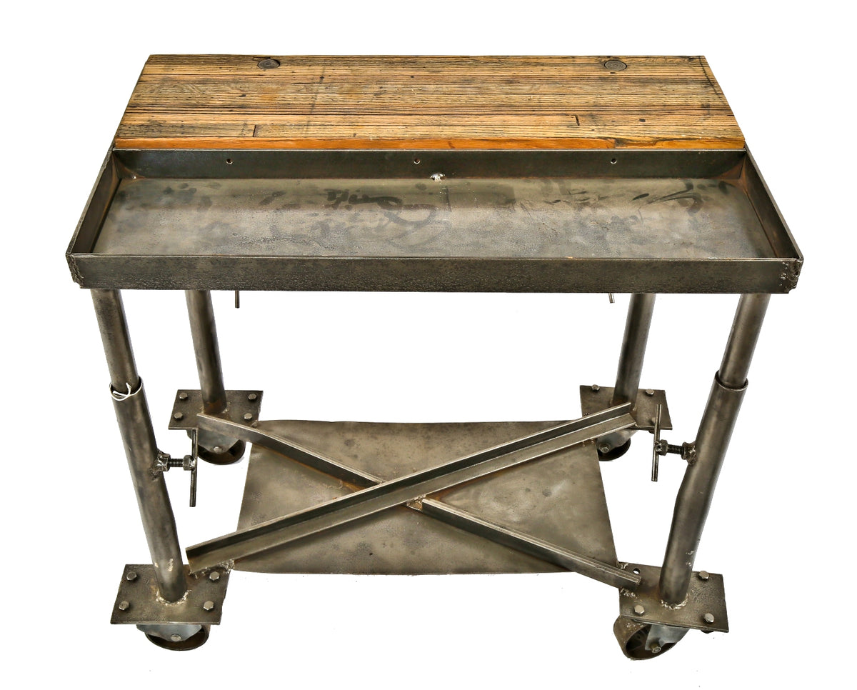 refinished custom-built c. 1930's american antique industrial brushed heavy gauge steel mobile cart with intact swivel casters and tool tray
