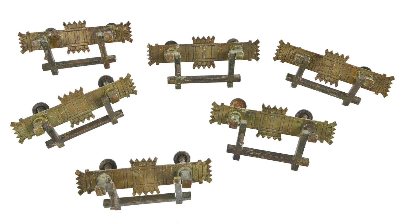 group of six original c. 1880's antique american aesthetic movement cast brass salvaged chicago drawer pulls with lightly incised backplates