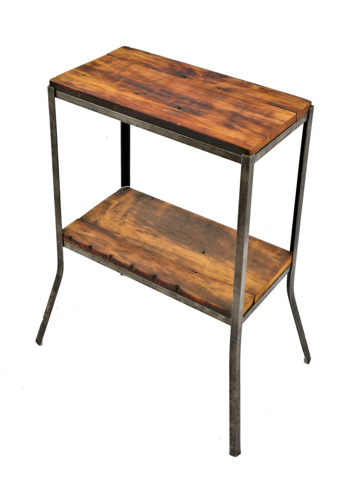 refinished two-tier american industrial brushed metal angled iron stationary side table with newly added sanded and stained pine wood tabletop and undershef