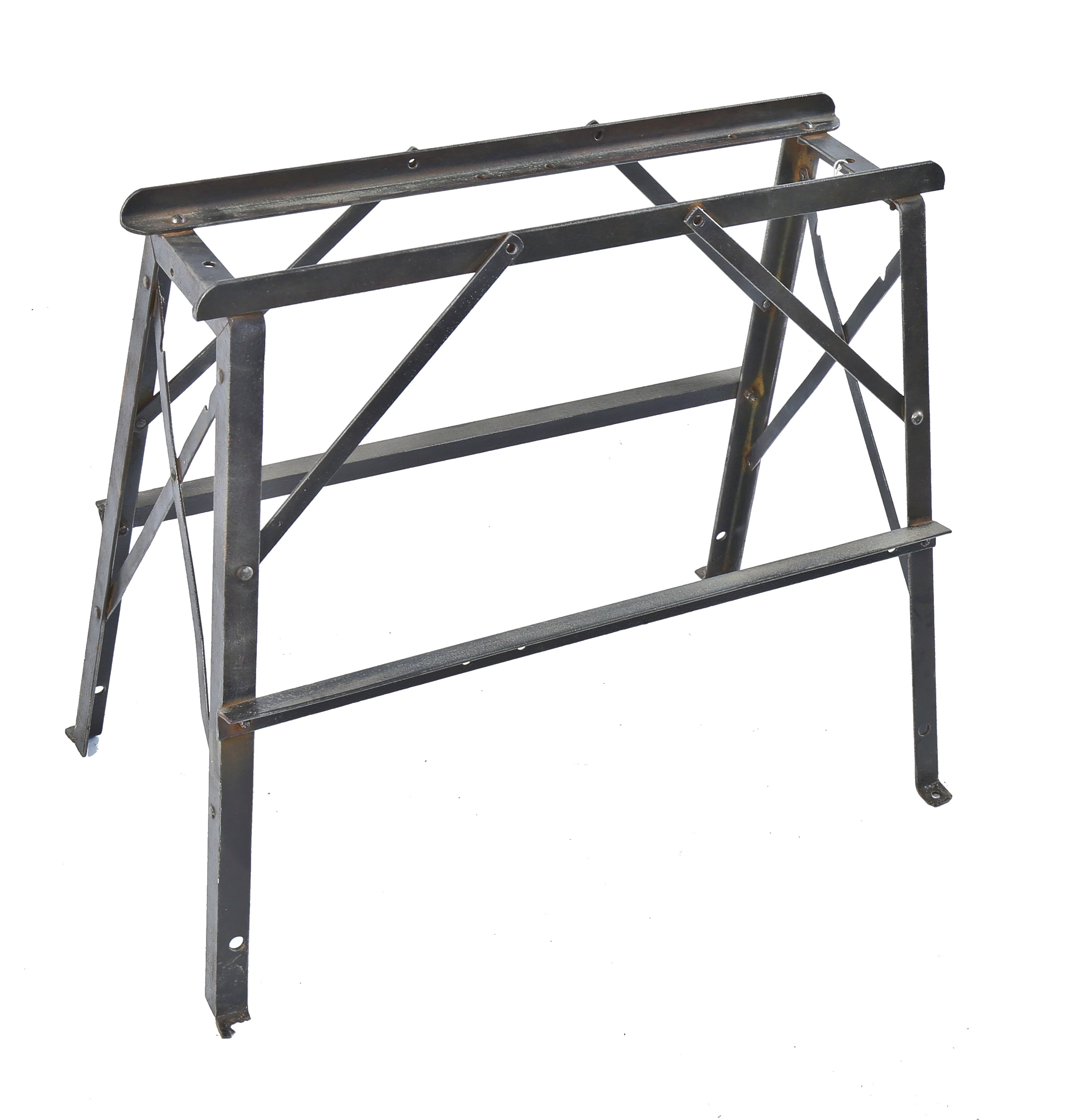 original solidly constructed early 20th century refinished all-riveted joint angled steel four-legged grindstone machine base with extensive cross-bracing