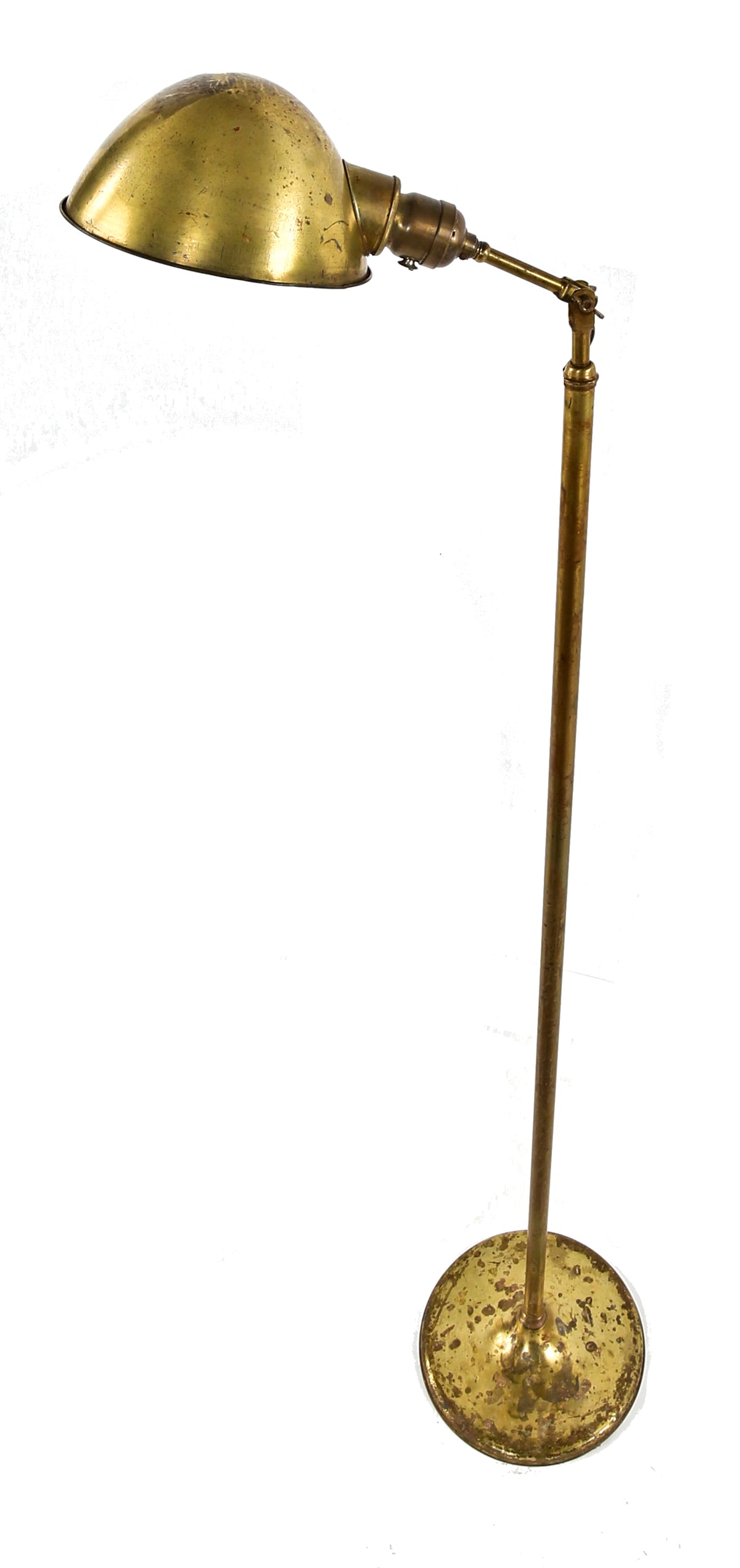 original c. 1920's highly sought after freestanding yellow brass adjustable faries floor lamp with weighted base and rolled rim parabolic brass shade or reflector