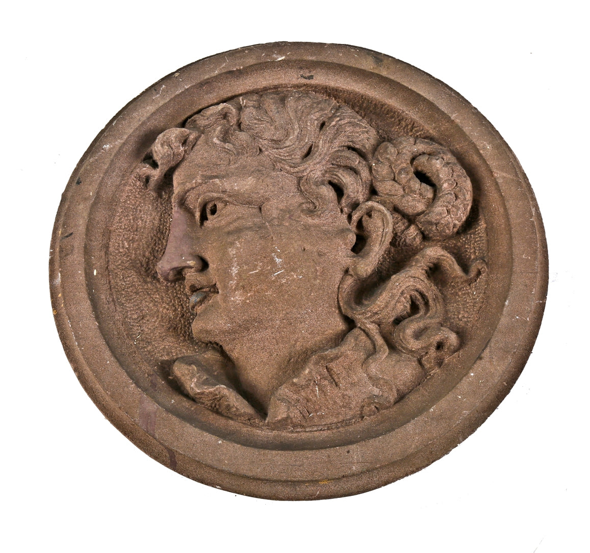 one of two original 19th century antique american victorian era single-sided carved brownstone figural exterior new york city rondels with largely uniform surface patina