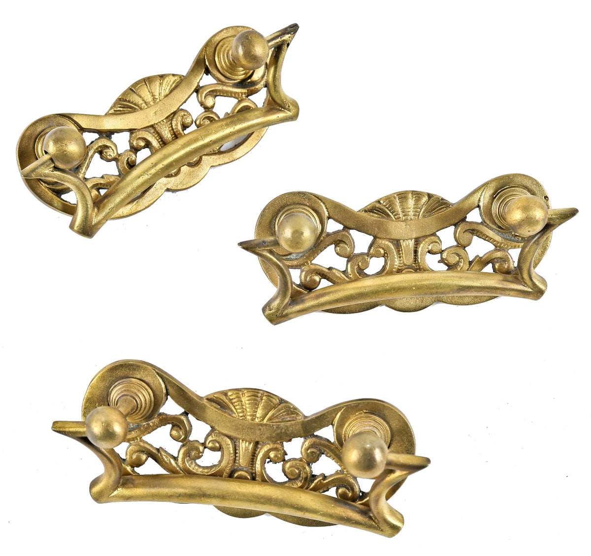 matching set of three highly unusual 19th century american cast brass decorative oversized drawer pulls with perforated backplates and drop handles