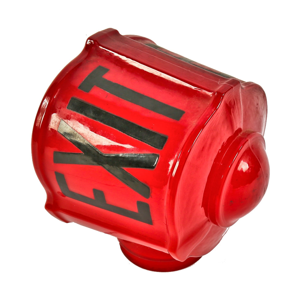 hard to find uniquely shaped original c. 1930's american art deco style ruby red glass illuminated exit theater light fixture with polished chrome fitter
