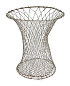 unusually shaped early 20th century antique american industrial salvaged chicago steel wire waste basket or trash can with top and bottom hoops for added reinforcement