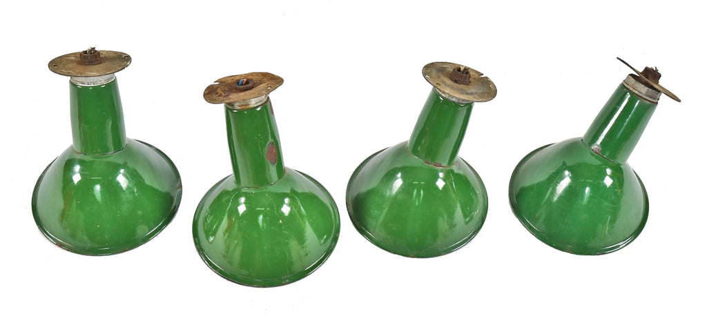 group of four matching diminutive american depression salvaged chicago crane brothers factory building exterior wall-mount green porcelain enameled light fixtures