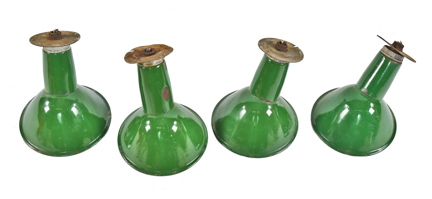group of four matching diminutive american depression salvaged chicago crane brothers factory building exterior wall-mount green porcelain enameled light fixtures