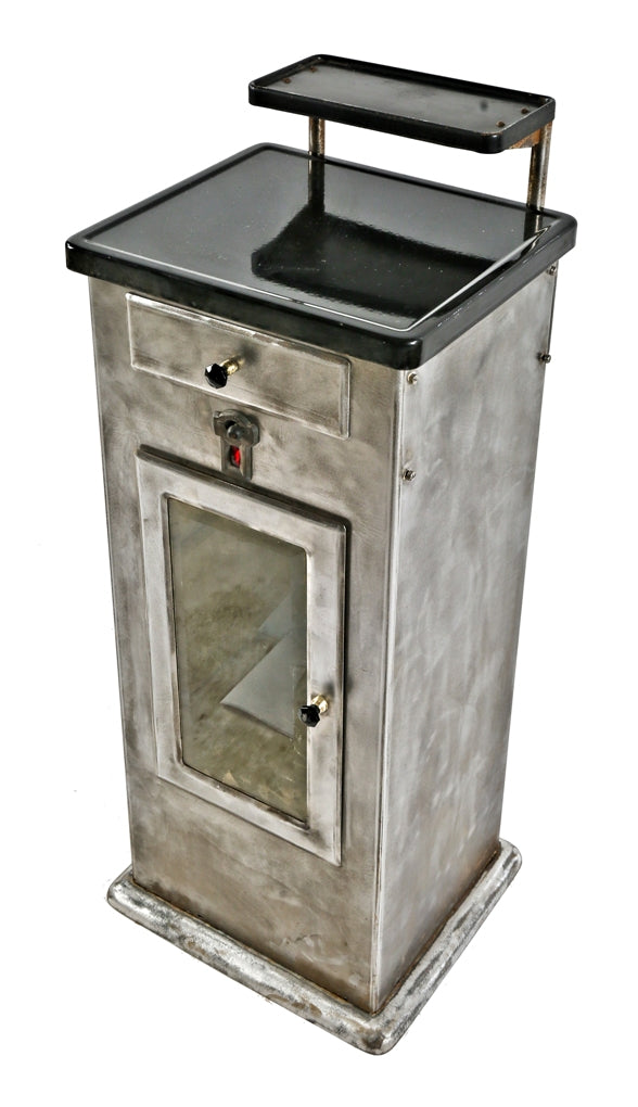 refinished hard to find and completely intact brushed cold-rolled steel antique medical wilmot castle freestanding sterilizer storage cabinet with single drawer and cabinet door