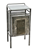 completely intact c. 1920's antique american medical stationary salvaged chicago hospital brushed metal workstation or side table with porcelain enameled cast iron tabletop