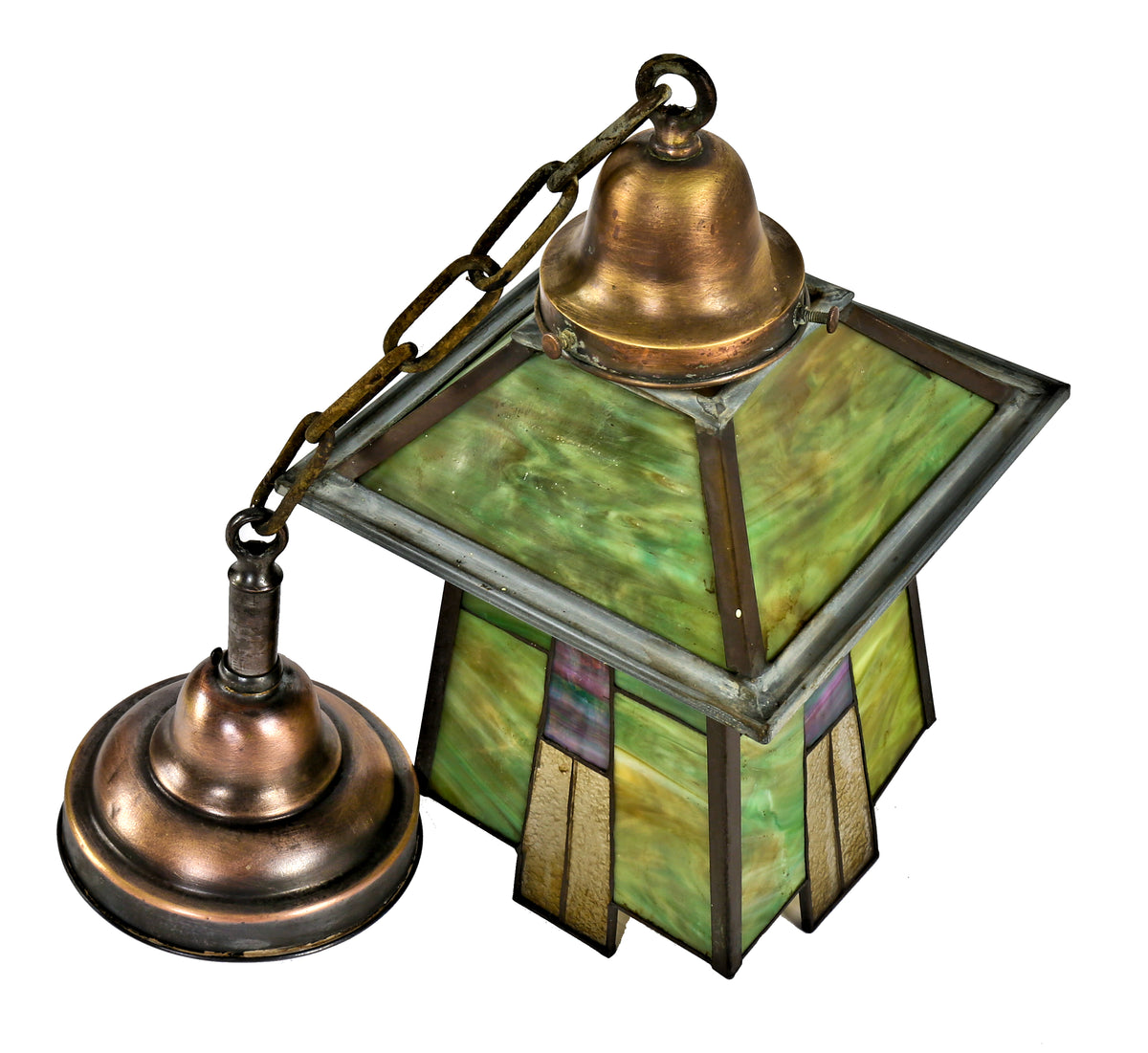completely intact early 20th century antique american craftsman or prairie style variegated glass residential pendant light with single socket and original ceiling canopy