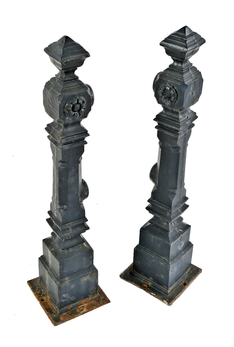 two matching 19th century ornamental black enameled cast iron freestanding salvaged chicago exterior new posts with distinctive pyramidal-shaped tops or finials
