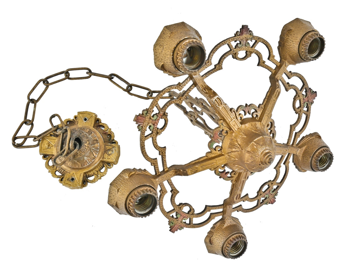 original salvaged chicago interior residential ornamental cast aluminum c. 1920's  polychromed five-bulb ceiling fixture with intact chain and canopy