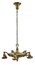well-maintained original late 1920's depression era two-tone interior residential spun brass five light ceiling fixture with tapered canopy and threaded socket covers